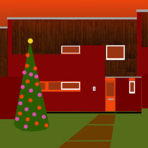 Poster-style image of the front of 2 Cedar Chase with a Christmas Tree