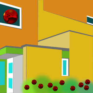 A colourful abstract based on the front of two Cedar Chase houses, with some festive hints.
