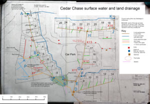 Plan of Cedar Chase showing land drains and soakaways. Based on the developer's original plan, updated where we have more recent survey information.