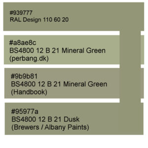 Graphic to compare the colours of various BS4800 12 B 21 samples and a RAL Design sample